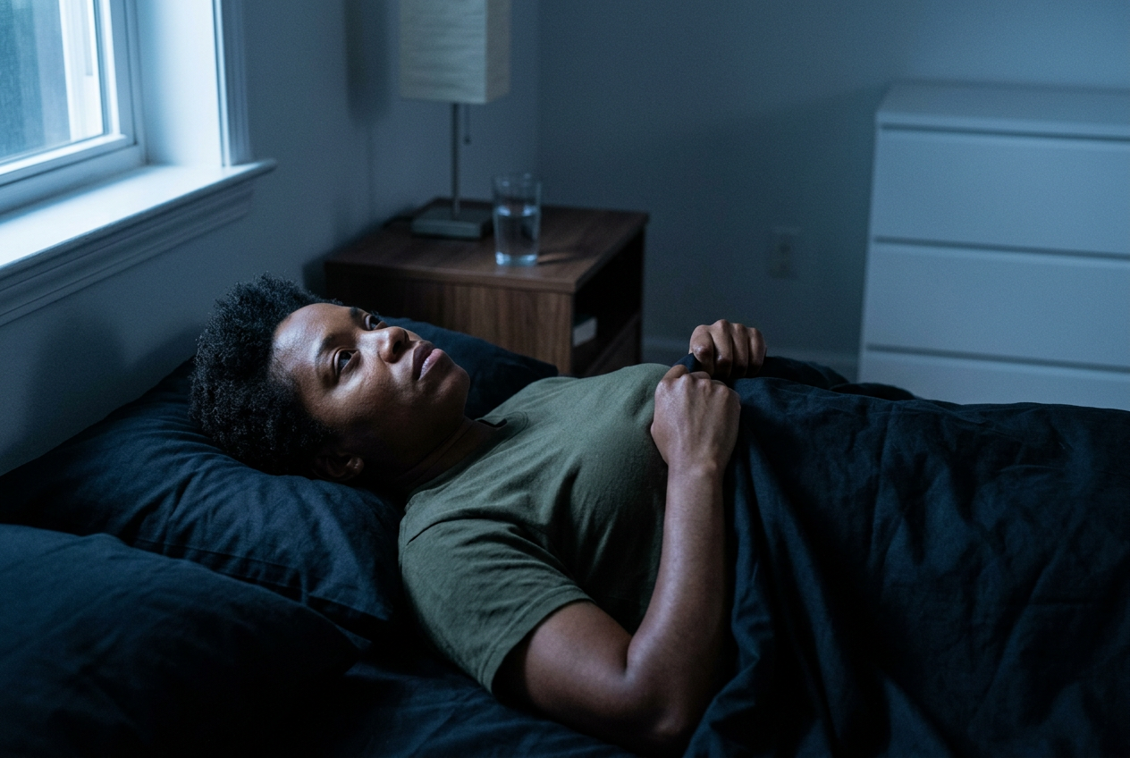 A woman lying awake in bed at night in a dark room, gripping the blanket with an exhausted expression