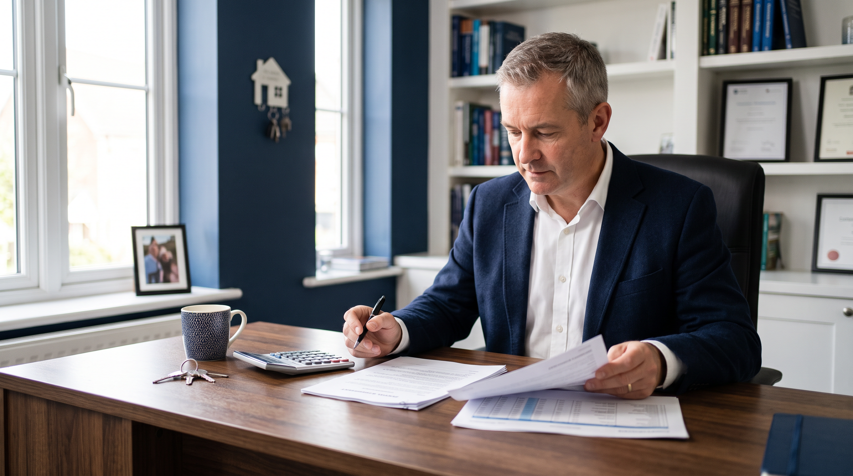 UK landlord reviewing rental documents and finances at a desk with house keys and calculator