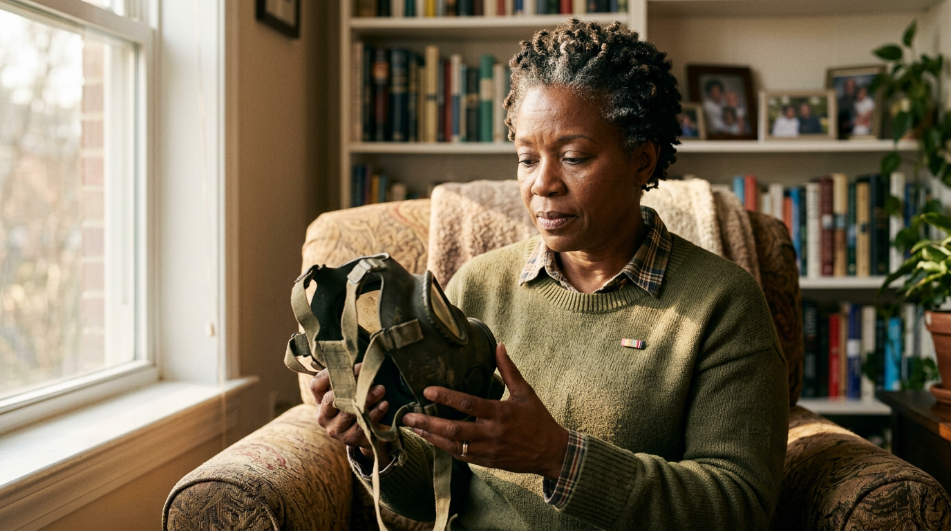Veteran holding an old military gas mask in both hands, looking at it reflectively