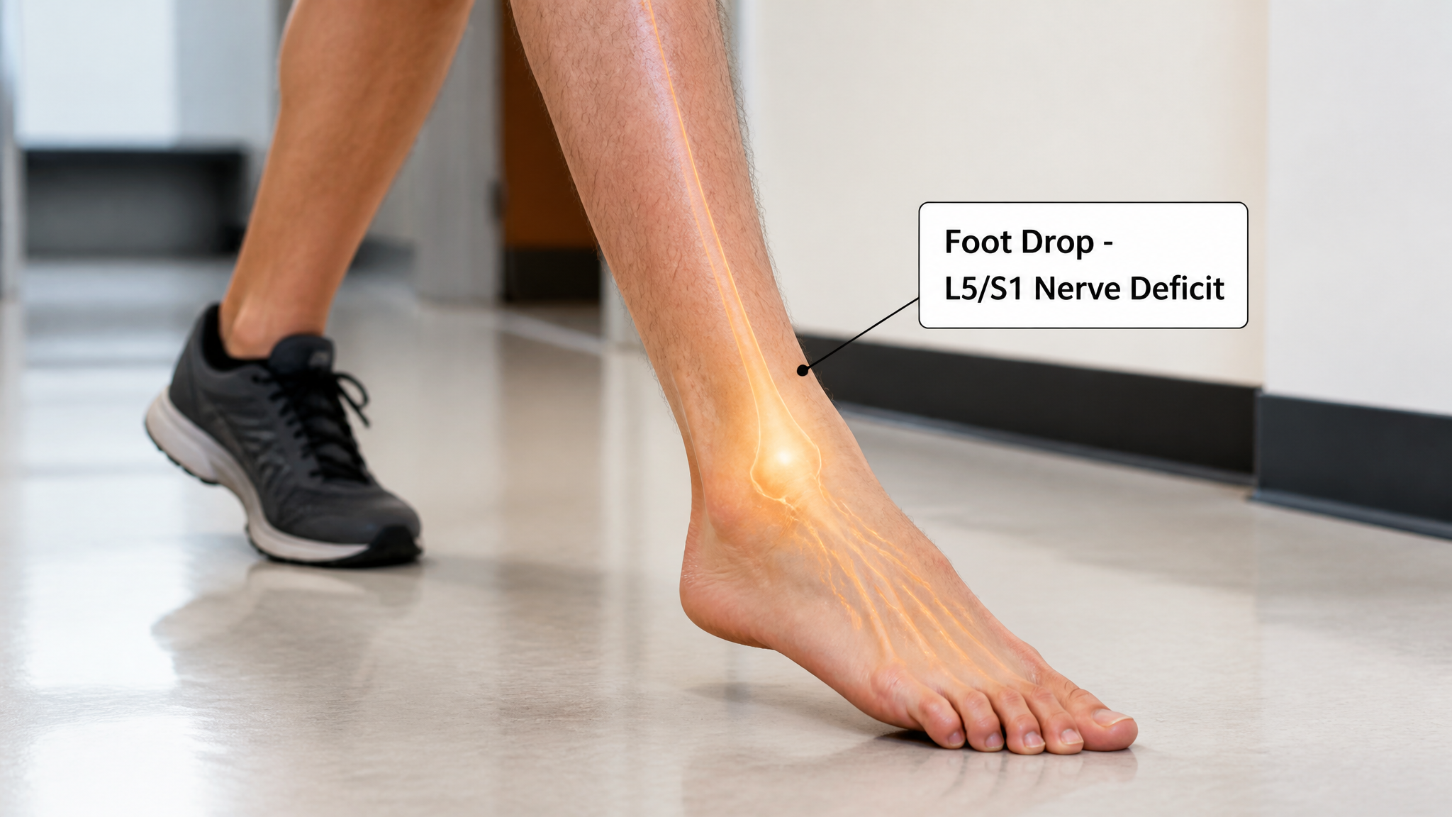 Clinical close-up of a white man's foot drop while walking, the foot slapping and dragging on the floor with the toes catching, a subtle amber highlight at the ankle