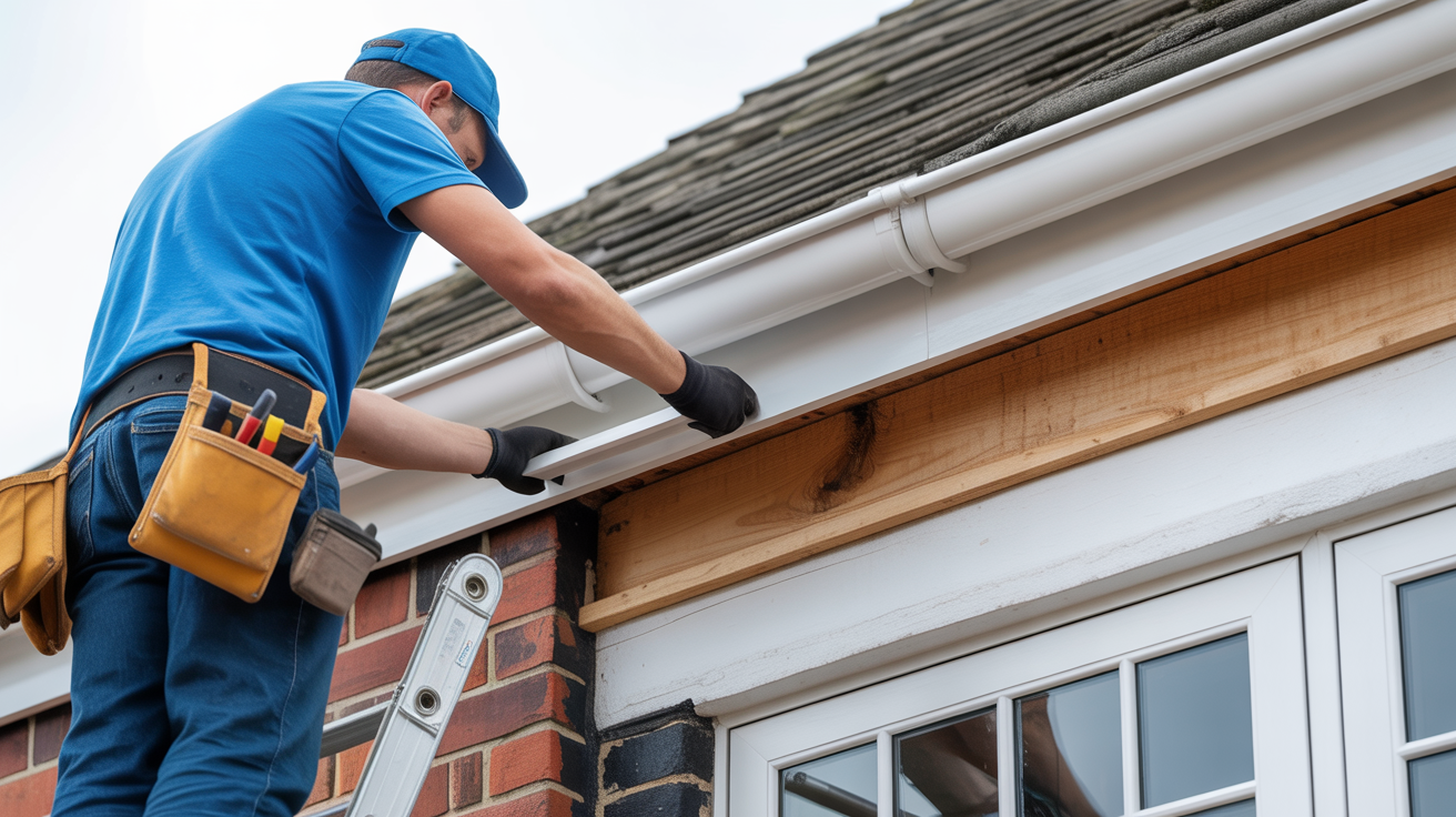 Old rotten wooden fascia being replaced