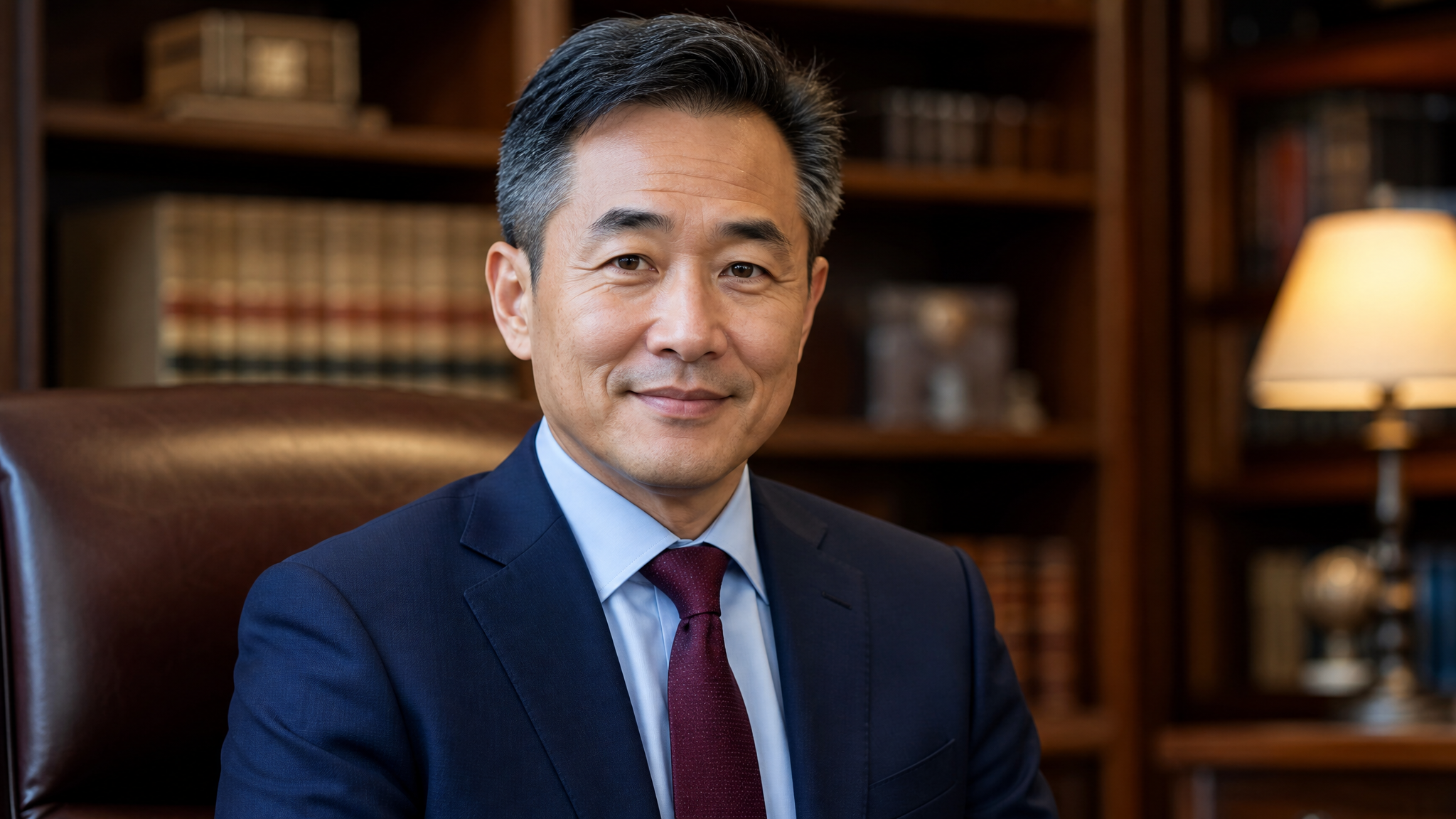 Portrait of a professional VA disability advocate seated in a law office with bookshelves behind him