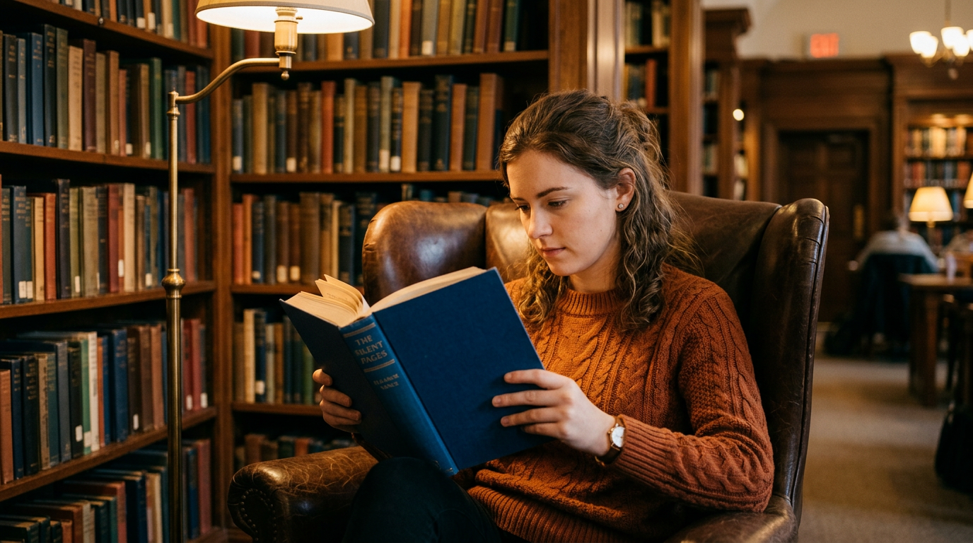 Pessoa completamente absorvida lendo um livro em biblioteca silenciosa — imersão profunda no conhecimento