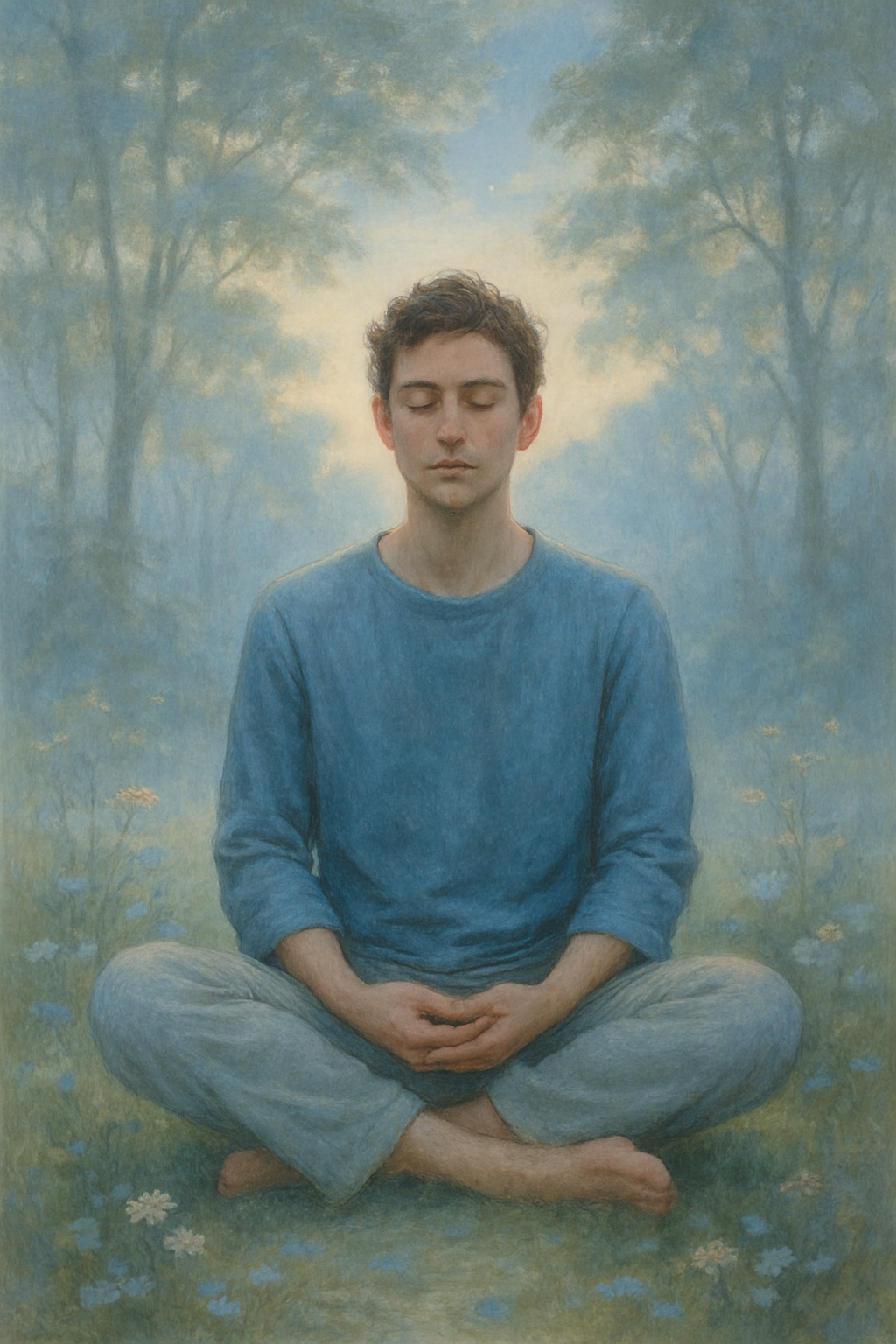 Person meditating in peaceful natural setting representing mindfulness practice