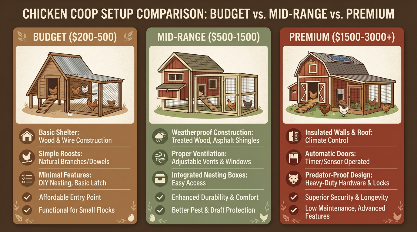 Visual comparison of budget, mid-range, and premium chicken coop setups showing features and price ranges