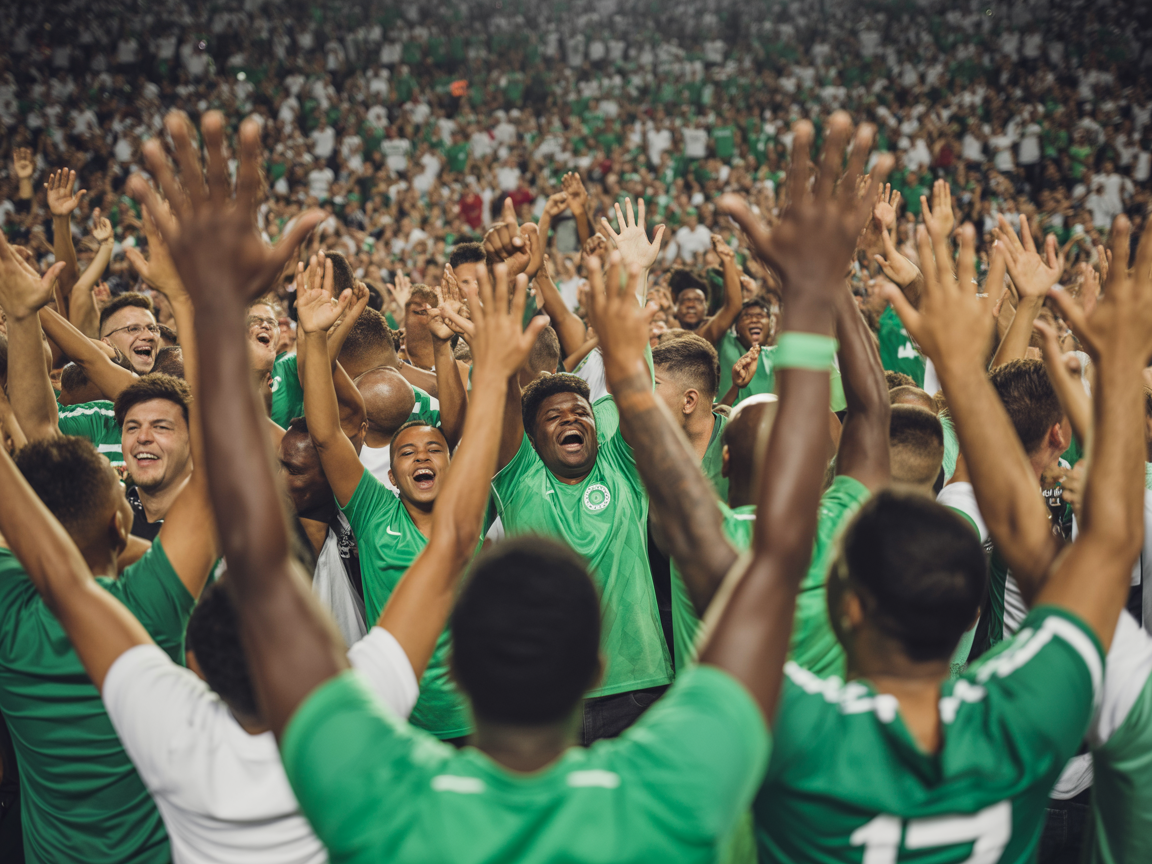 Crowd celebrating with raised arms