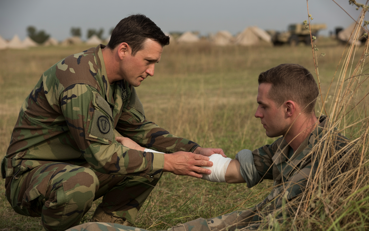A military combat medic treating an injured service member in the field during active duty