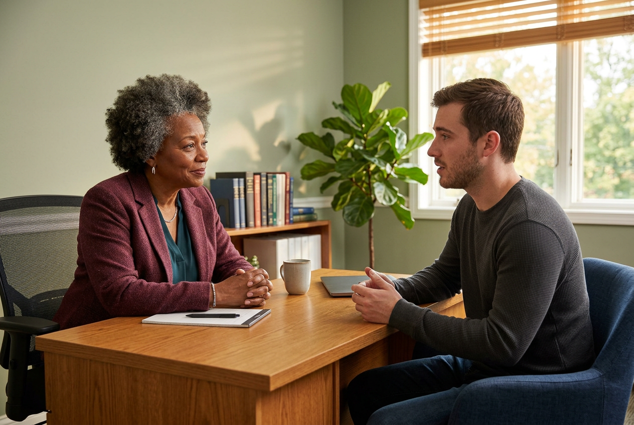 Older Black female counselor at a desk speaking with a younger white male veteran about the daily and occupational limitations of diabetes management