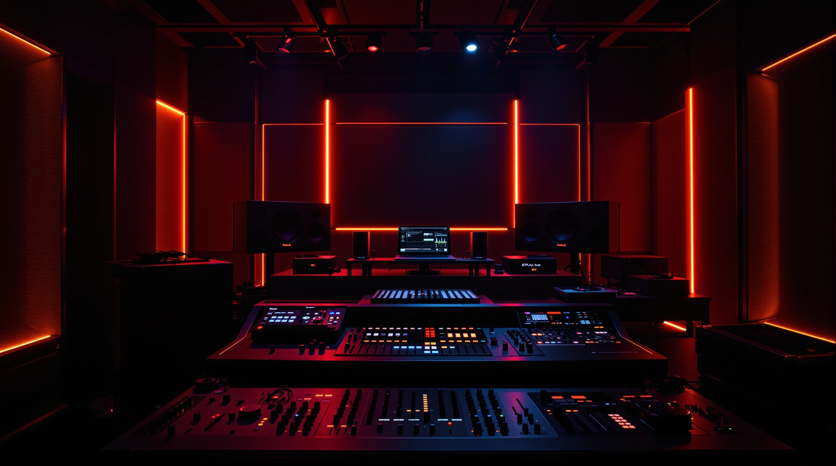 Dark recording studio with warm amber and red lighting