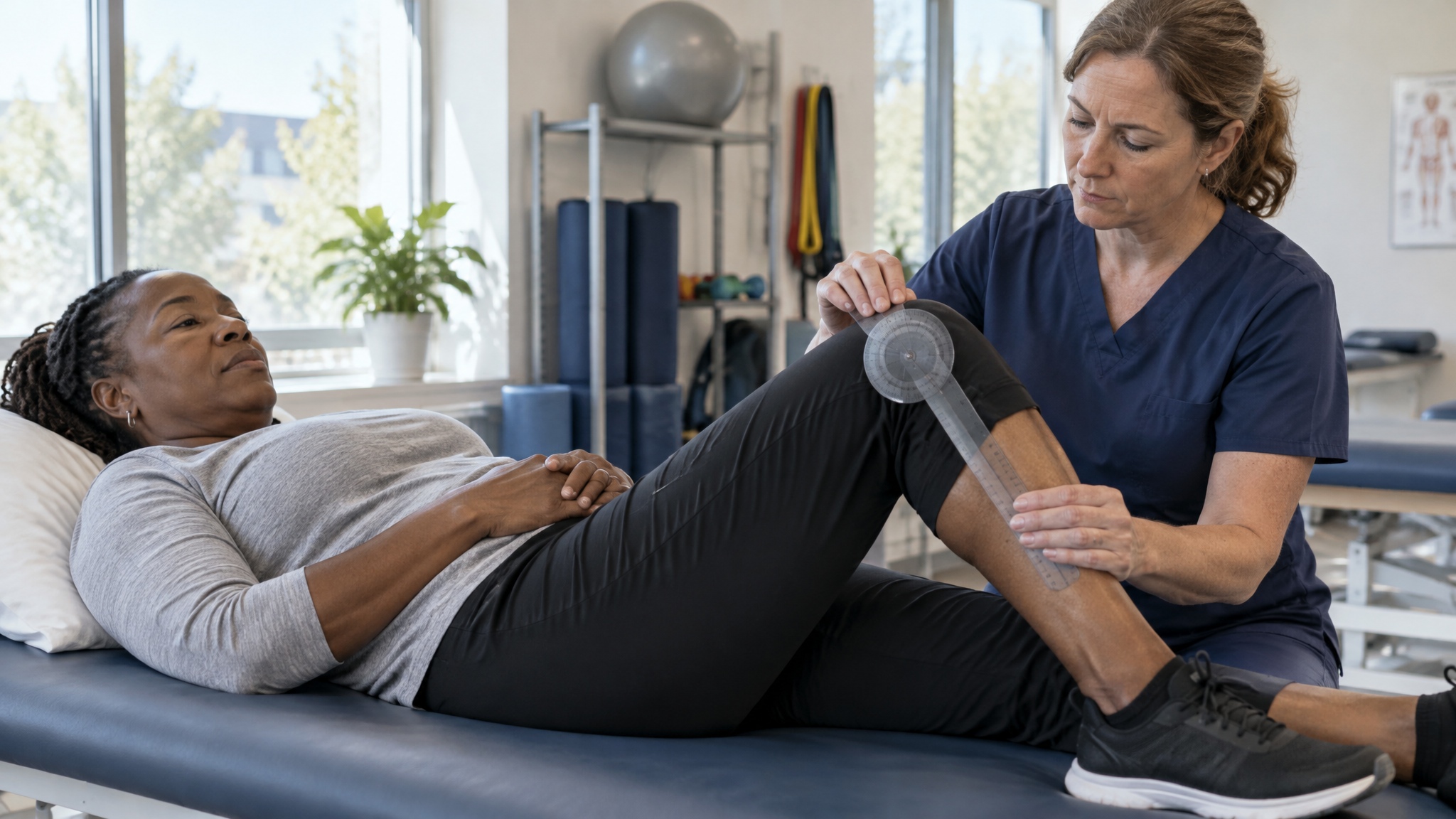A woman veteran on a physical therapy table while a woman therapist measures her knee bend