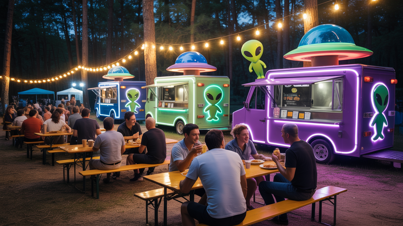 Cosmic themed food vendor area with glowing alien food trucks at the festival