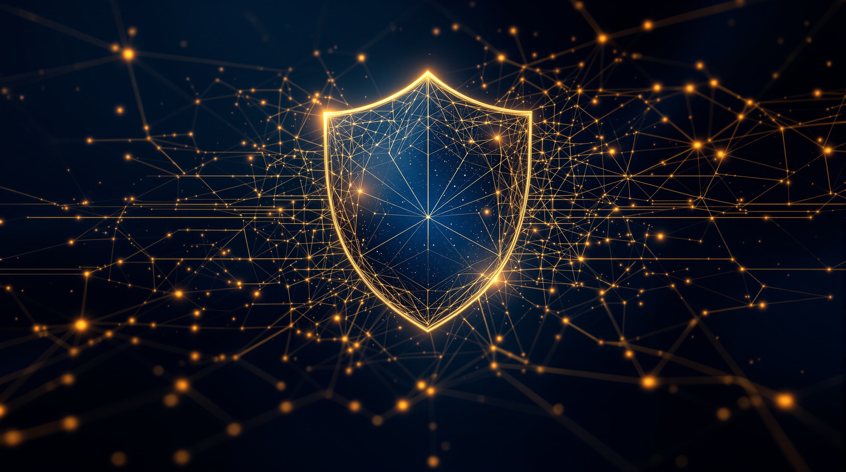 Blockchain security network visualization with interconnected nodes forming a protective shield