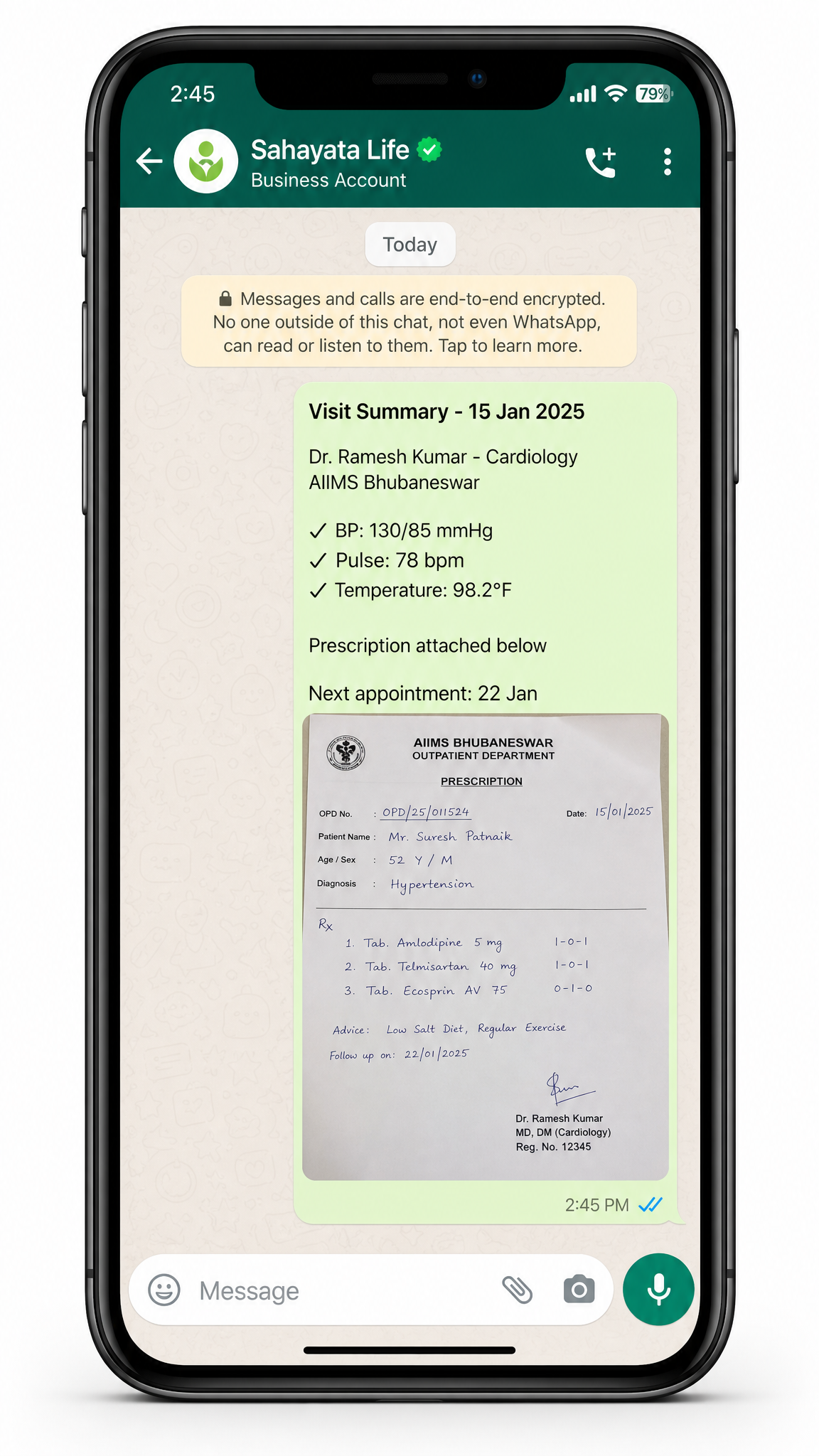 WhatsApp visit summary showing doctor notes, prescription photos, and vitals sent by Sahayata Life companion