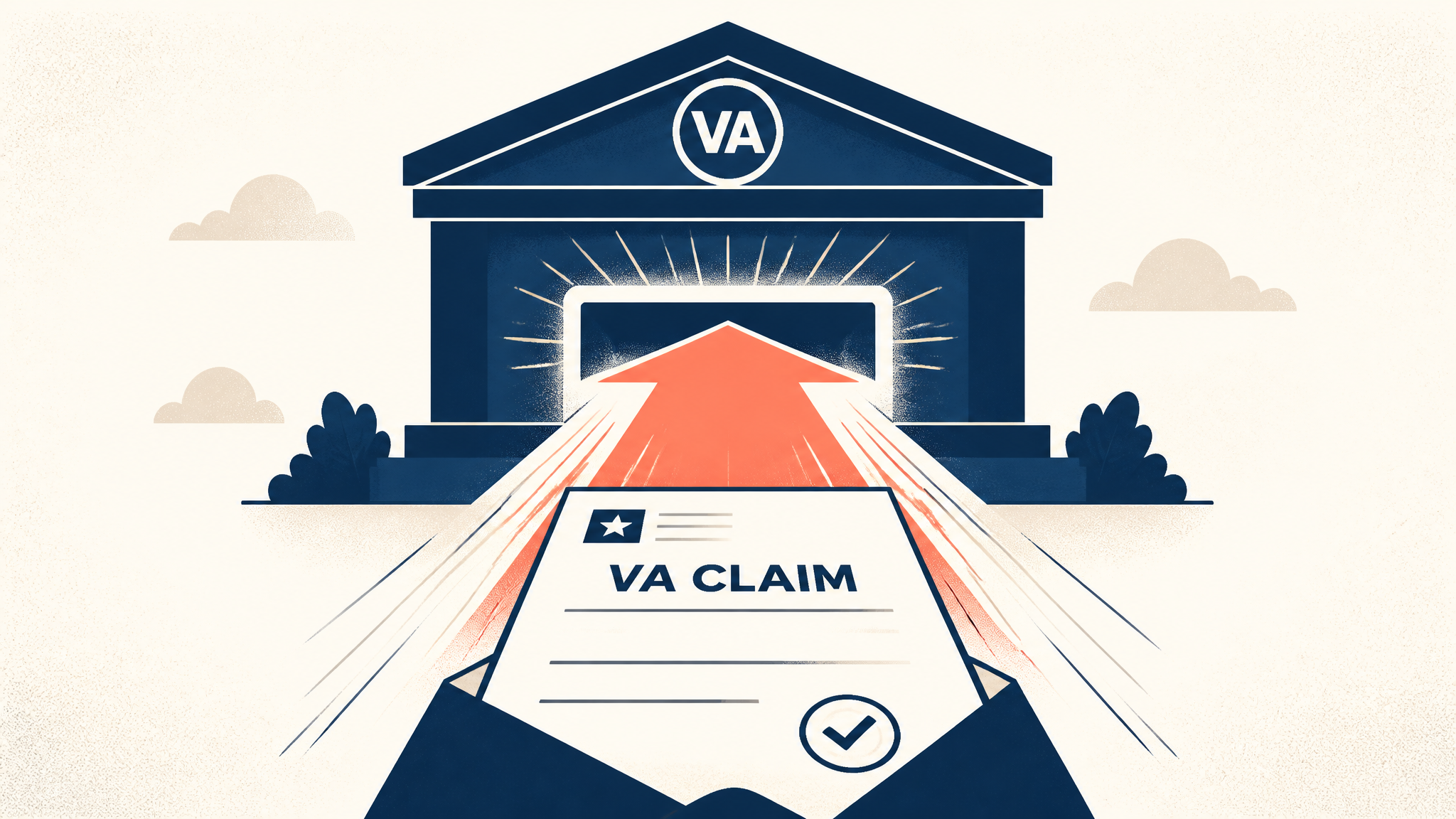 Editorial illustration of a completed VA claim envelope traveling on a bright arrow into the VA building - the moment the claim is officially filed