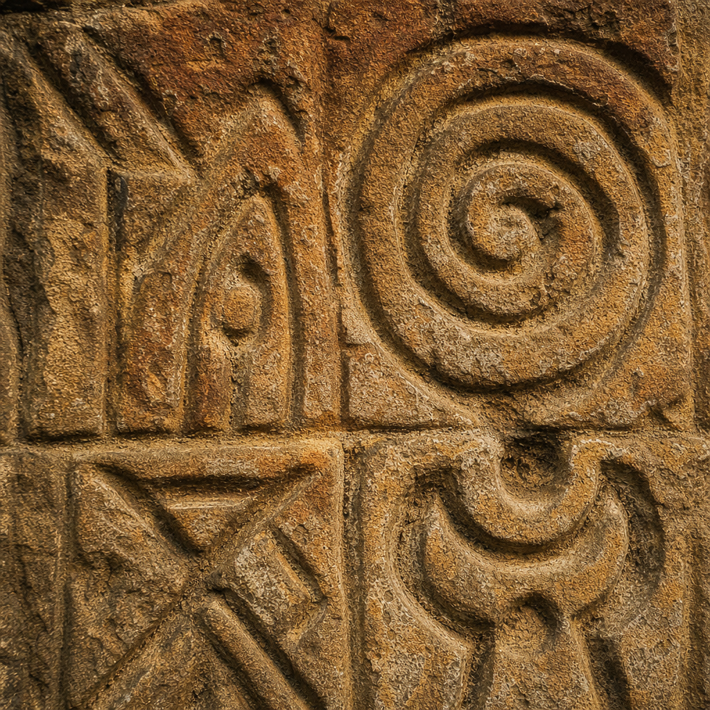 Close-up of ancient Pictish symbol carvings etched into a weathered sandstone cave wall