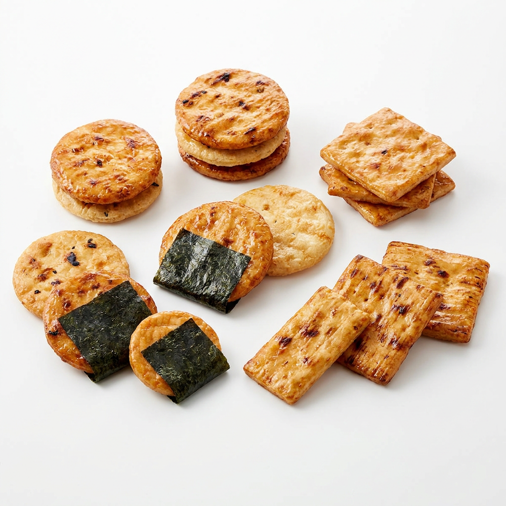 Japanese Rice Crackers - Traditional senbei rice crackers with soy sauce glaze. Crunchy and savory!