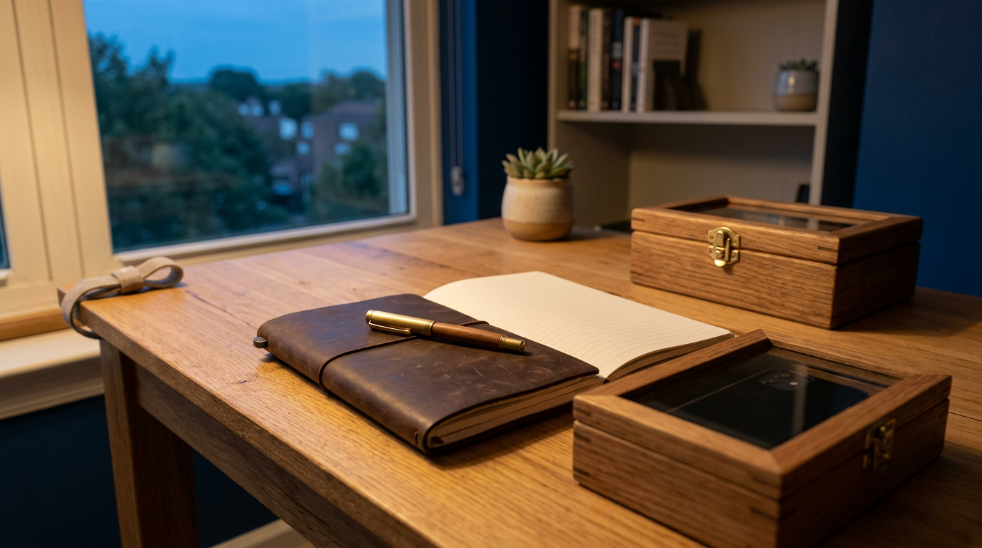 Mesa serena com celular guardado na gaveta e apenas caderno e caneta visíveis