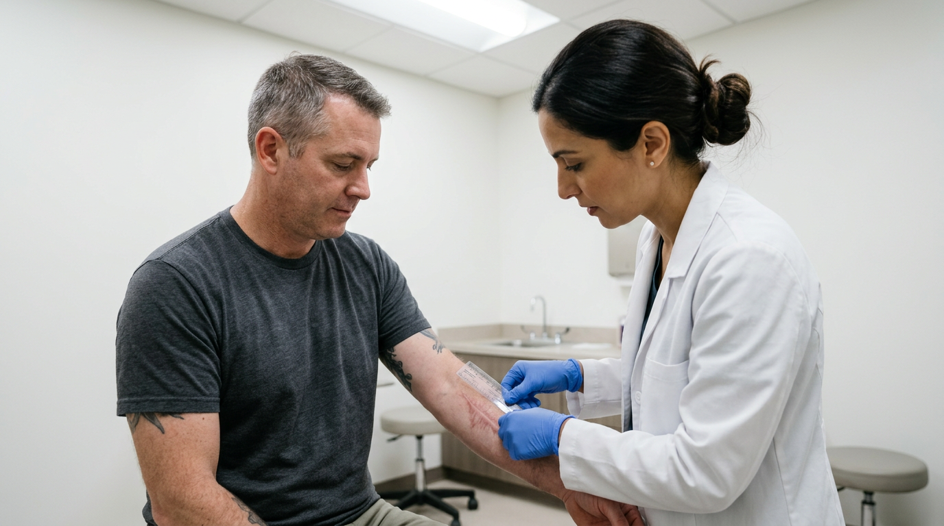 Female clinician in blue gloves carefully measuring a scar on a veteran patient forearm with a measuring instrument in a clinical exam room