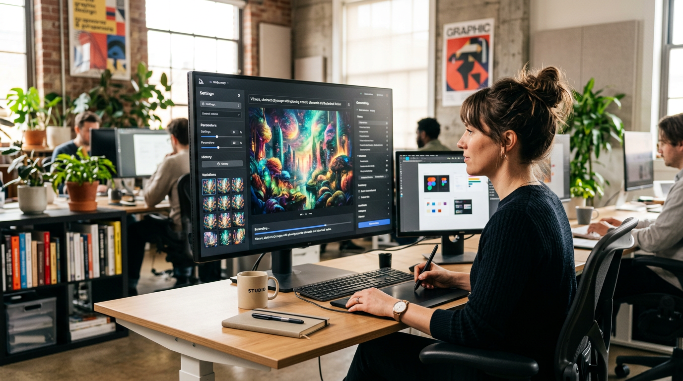 Creative professional generating AI artwork on a large monitor in a modern studio