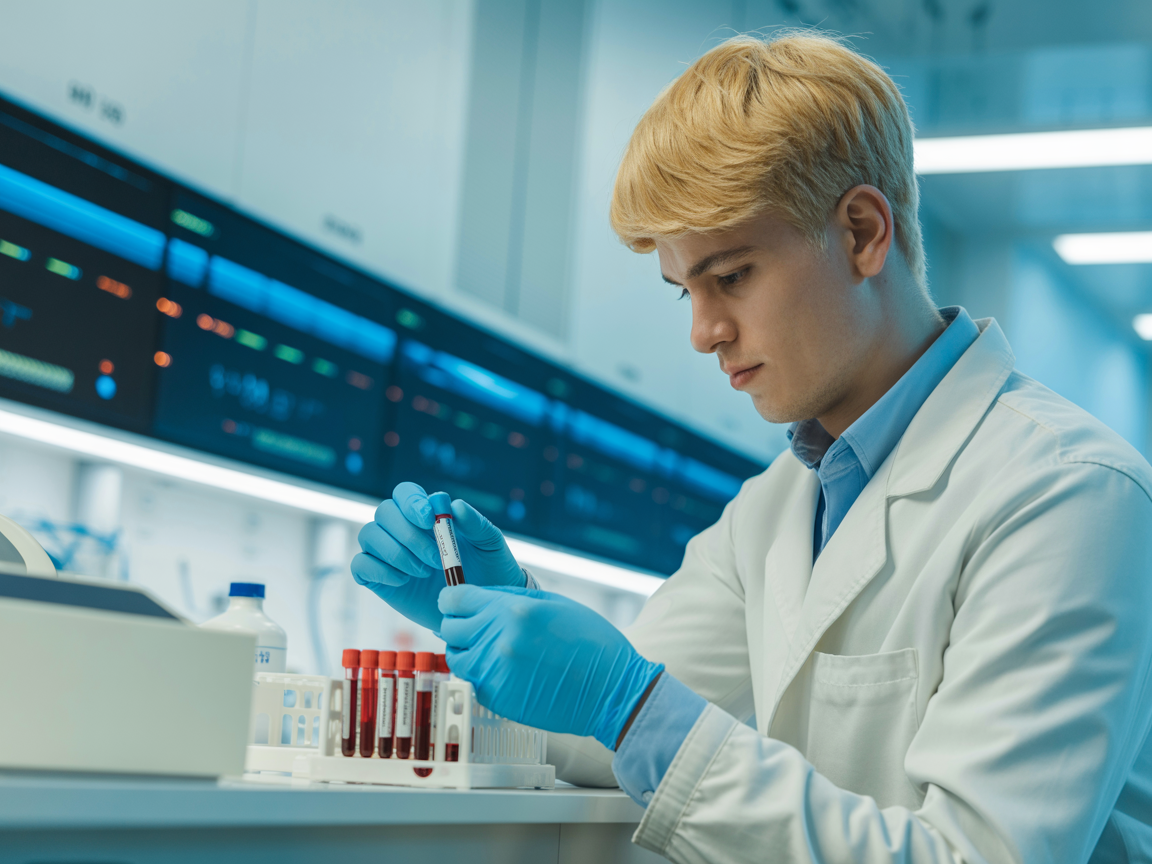 Лаборант работает с закрытыми пробирками