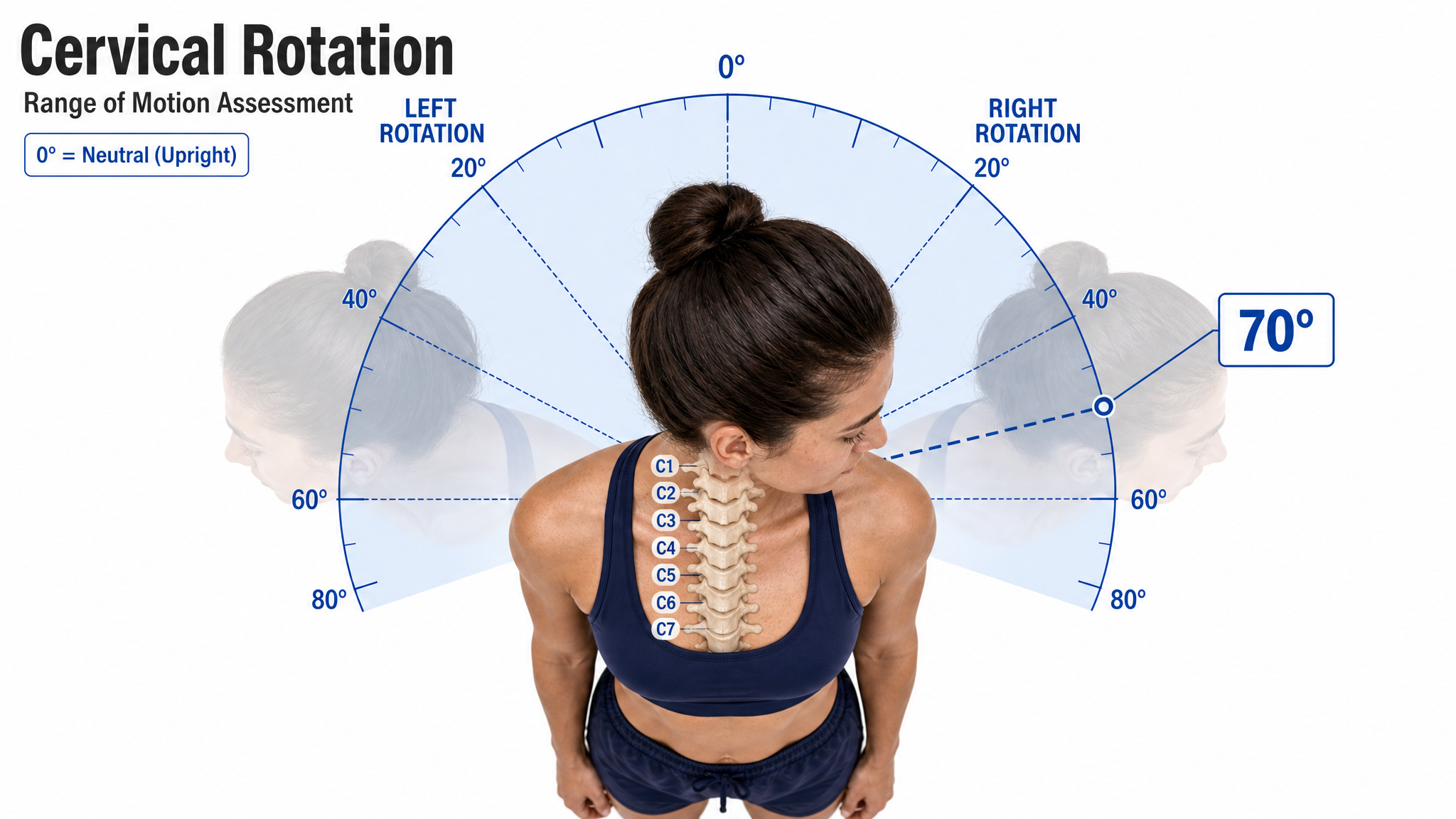 Clinical illustration of cervical rotation viewed from above — a female figure turning the chin toward the shoulder with the C1–C7 spine overlaid and a bilateral goniometer protractor measuring left and right rotation