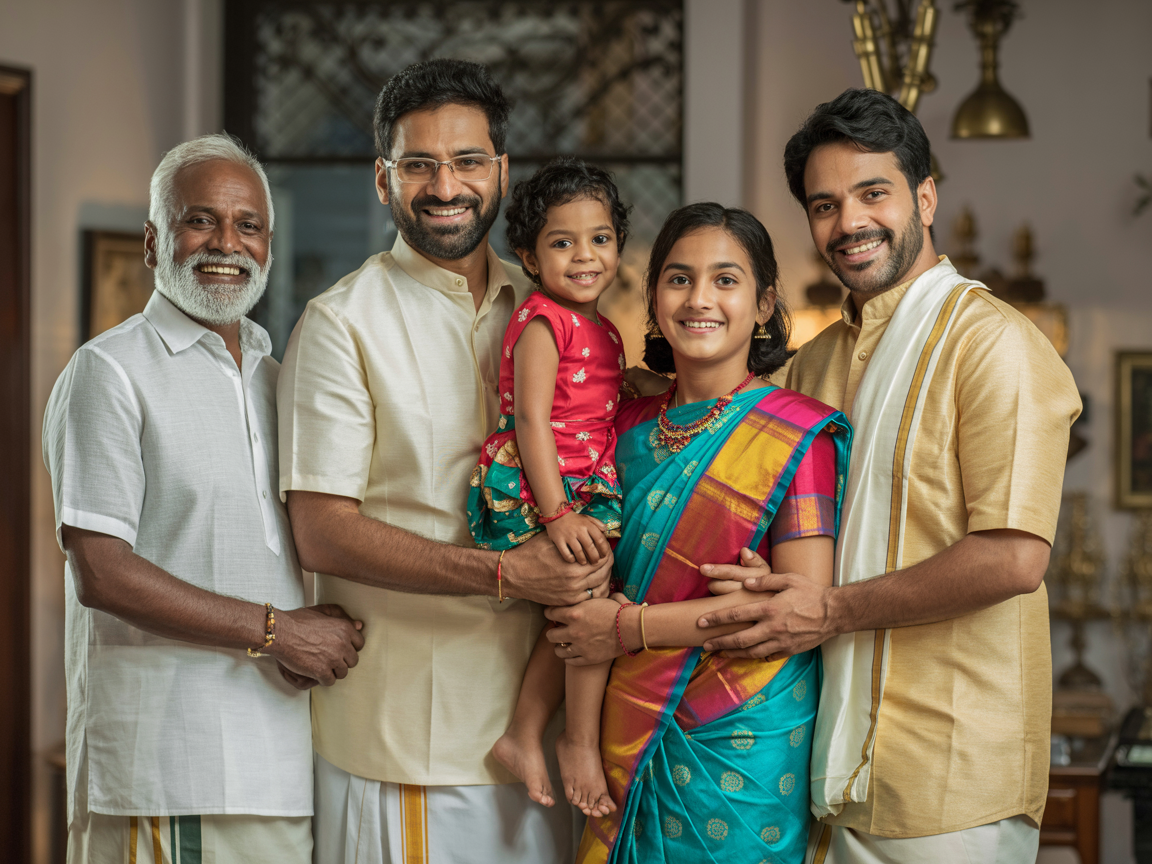 Multi-generational Telugu family in traditional attire