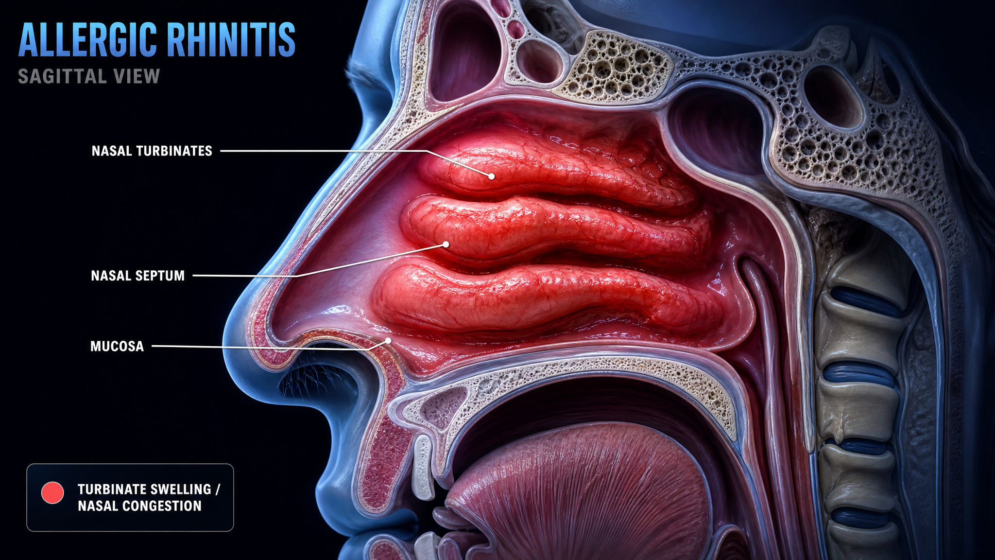Allergic rhinitis diagram, swollen inflamed nasal turbinates