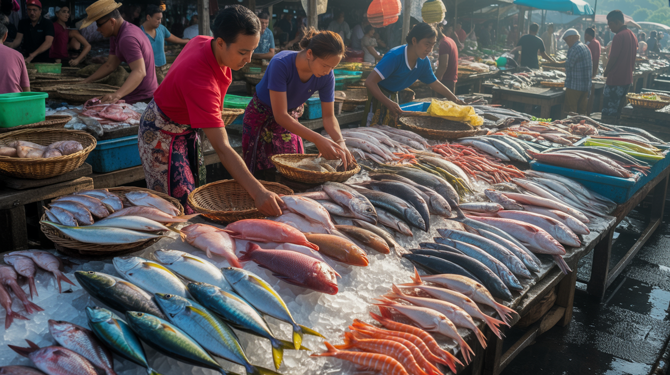 Jimbaran fish market Pasar Ikan Kedonganan showing fresh tuna, red snapper, and prawns displayed on ice with local Balinese vendors