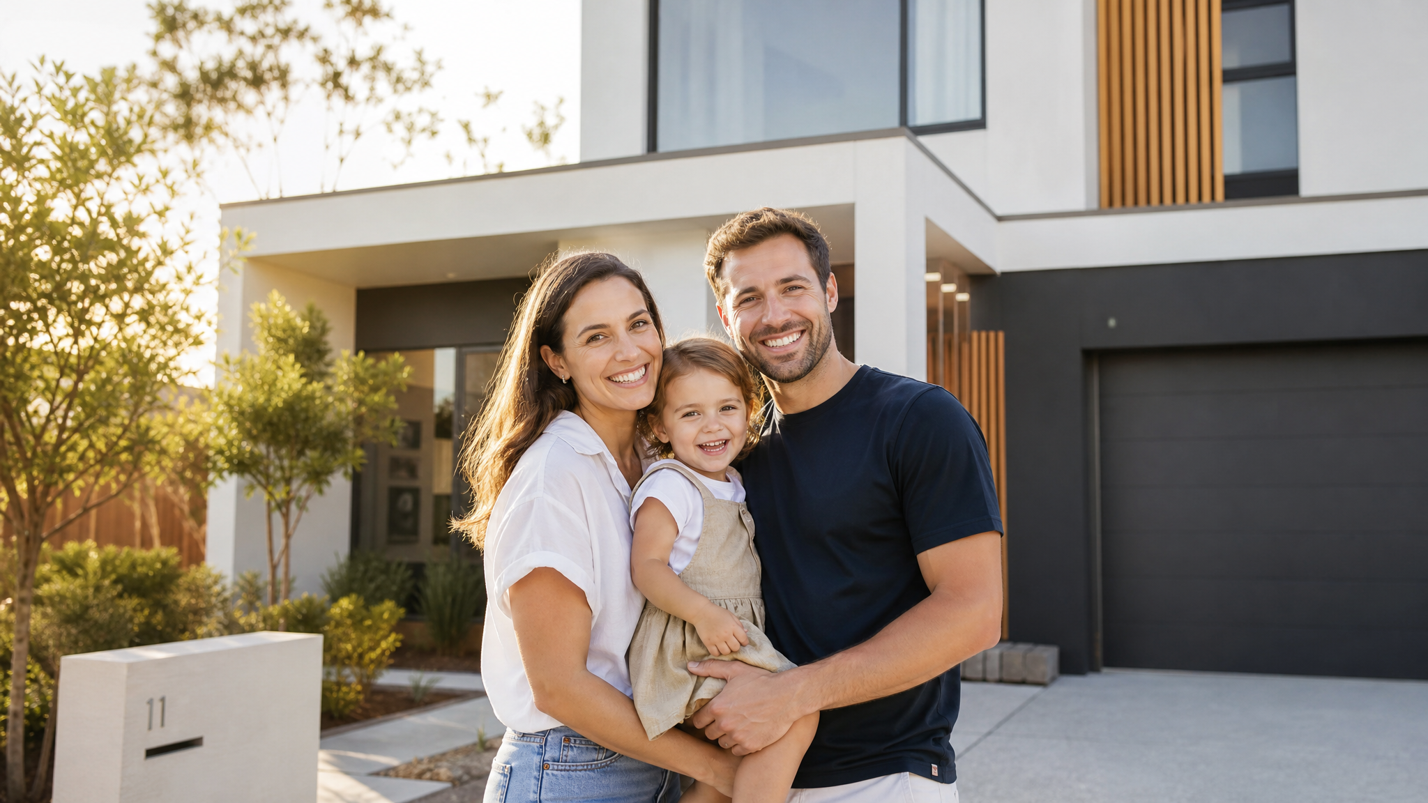Happy family in front of their new Tasmanian home