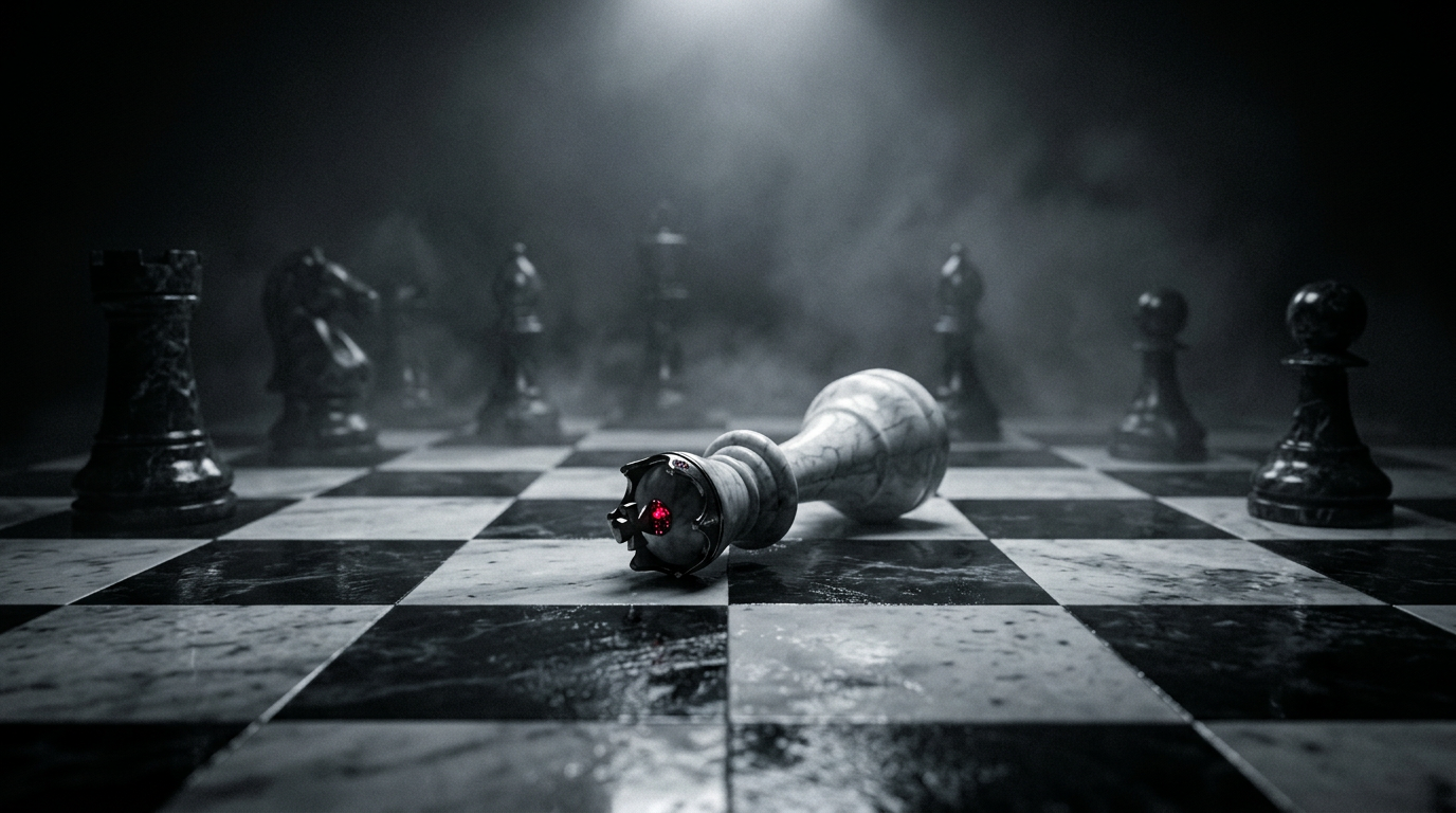 Marble chessboard mid game, lit from one side