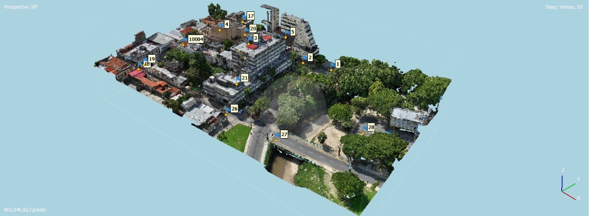 Nube de puntos aérea de zona urbana con edificios residenciales