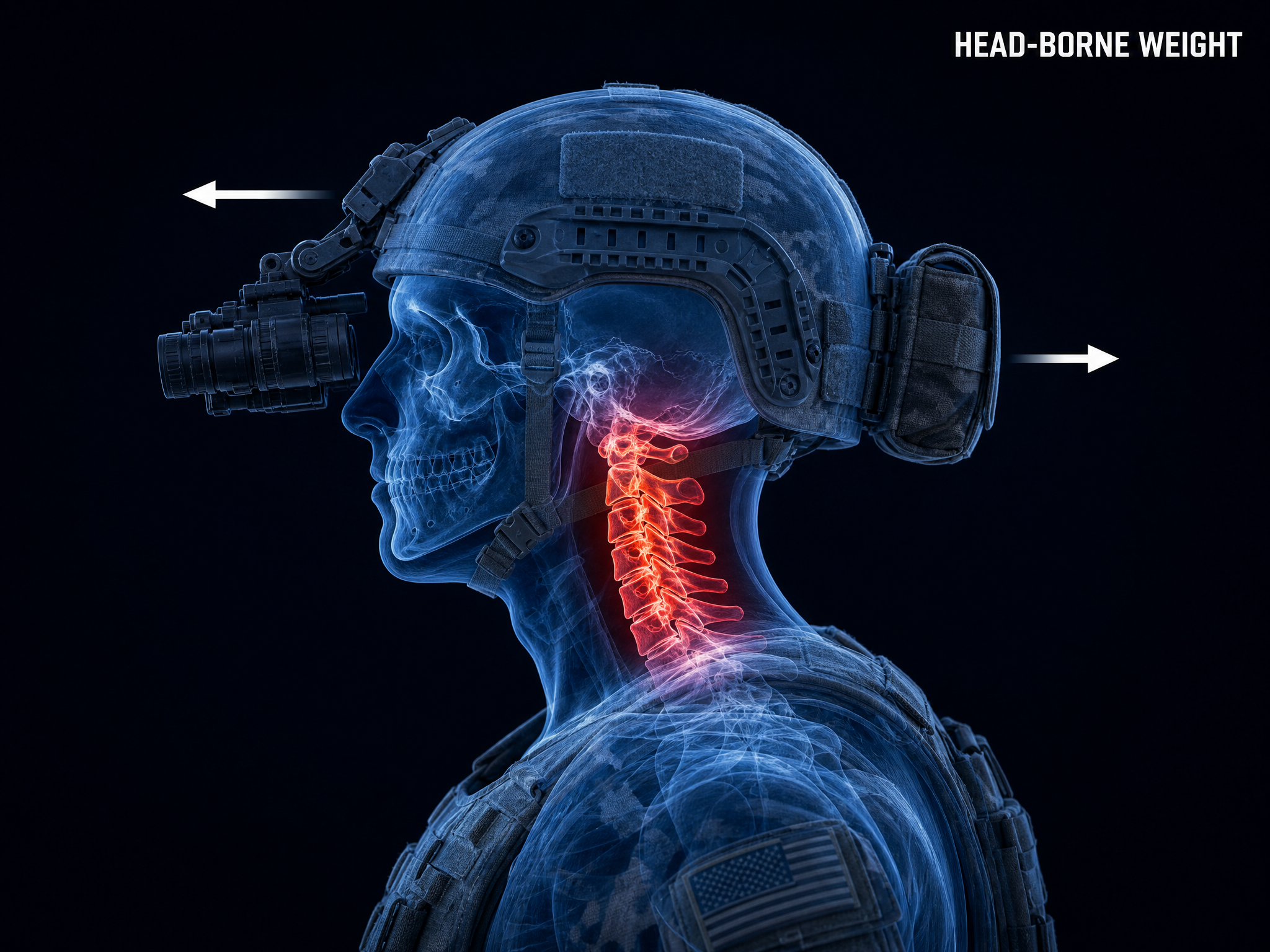 Anatomical illustration of a soldier in a combat helmet with a night-vision mount and rear counterweight, cervical spine highlighted under strain