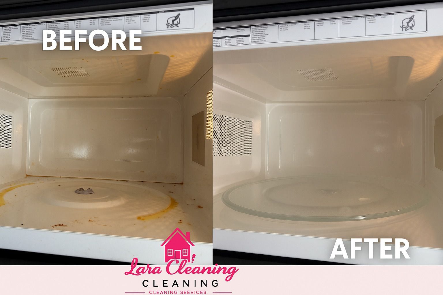 Before and after microwave deep cleaning by Lara Cleaning