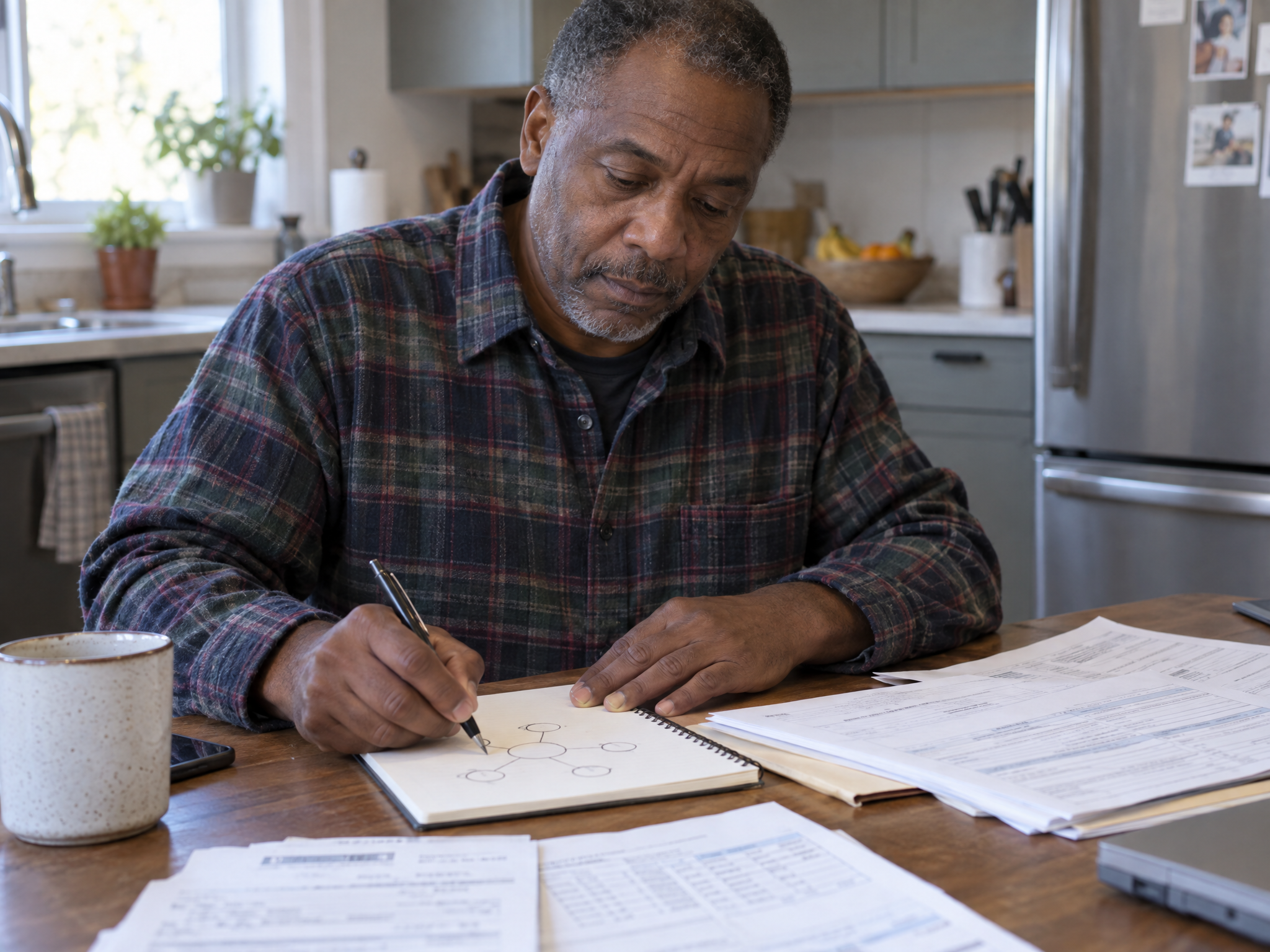 Veteran sketching how his conditions connect on a notepad beside his medical records