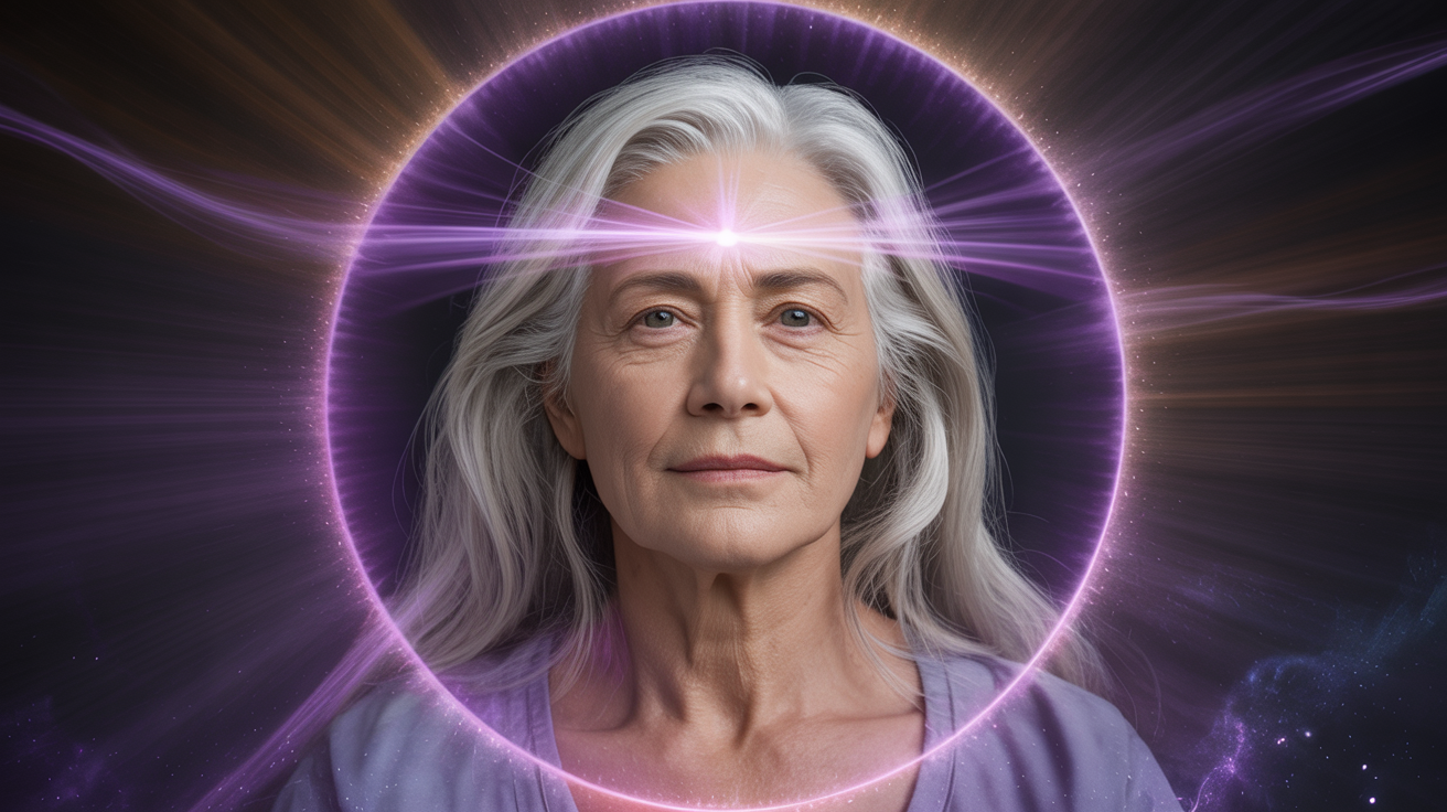 Starija žena sa dugom srebrnom kosom, okružena aurom ljubičaste svetlosti, sa otvorenim trećim okom koje emituje zrake intuicije. Aktivacija trećeg oka i razvoj intuicije kroz duhovno buđenje i zadržavanje semena