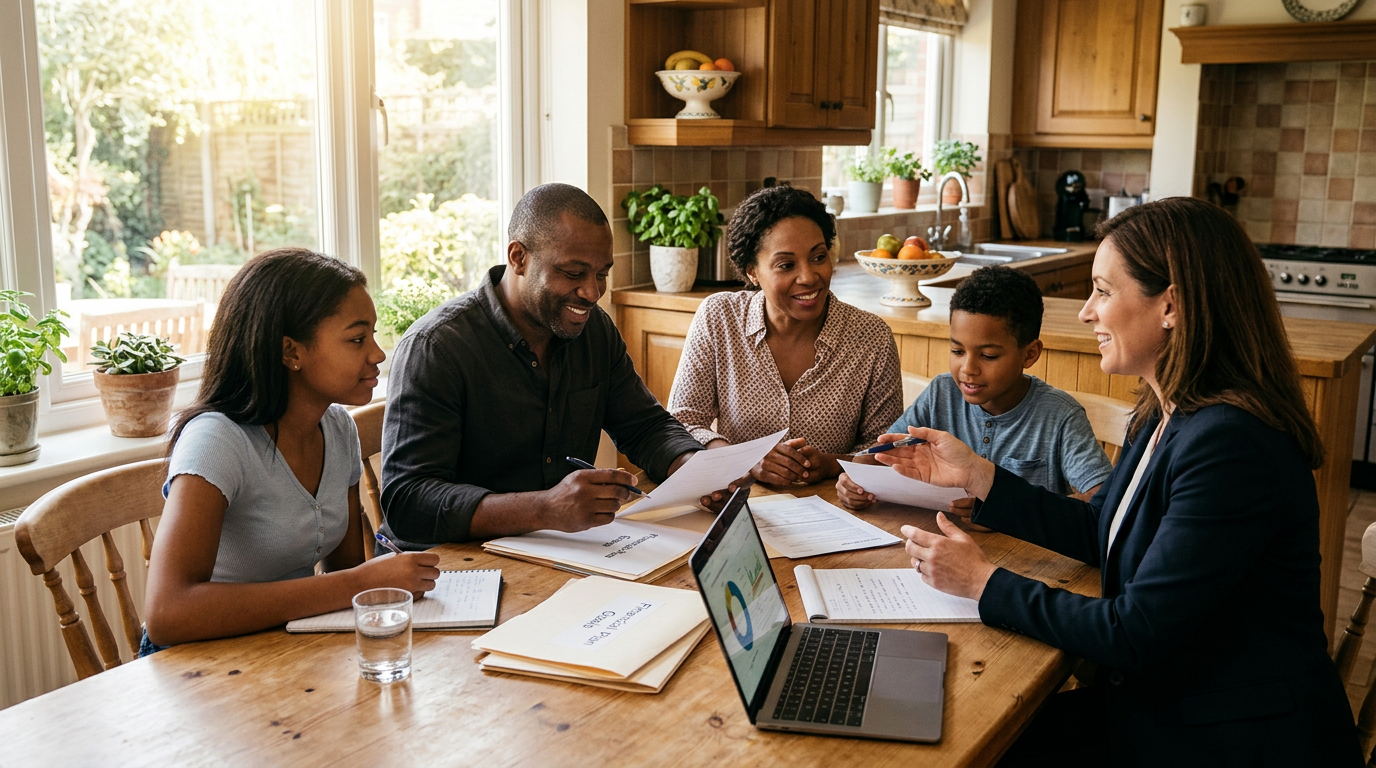 Family meeting with a professional advisor at their kitchen table