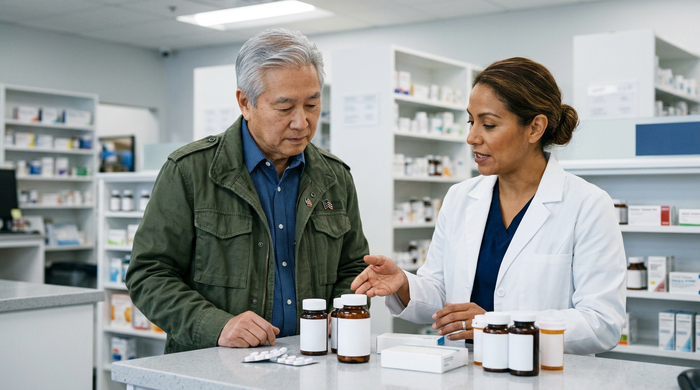 Veteran reviewing prescription medications with a pharmacist at a pharmacy counter