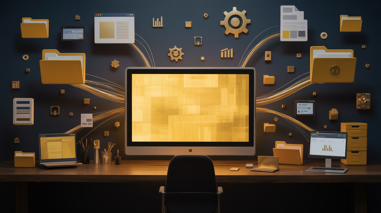 Cinematisches Editorial-Visual eines eleganten dunklen Arbeitsplatzes mit goldenem Bildschirm als Zentrum, umgeben von schwebenden goldenen Dateisymbolen, Ordnern und Automatisierungselementen – Symbol für die KI-Arbeitszentrale Codex