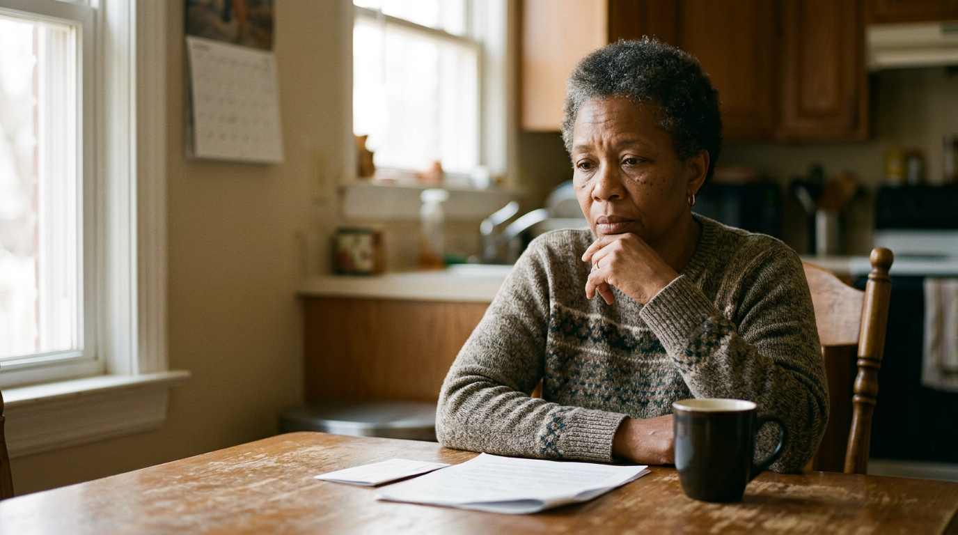 Woman veteran at her kitchen table weighing whether her service-connected disabilities have ended her ability to work