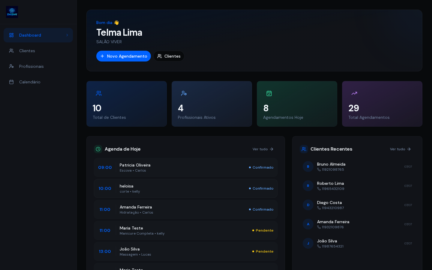 Dashboard ZAPZAPZ — visão geral do seu negócio com métricas e agendamentos