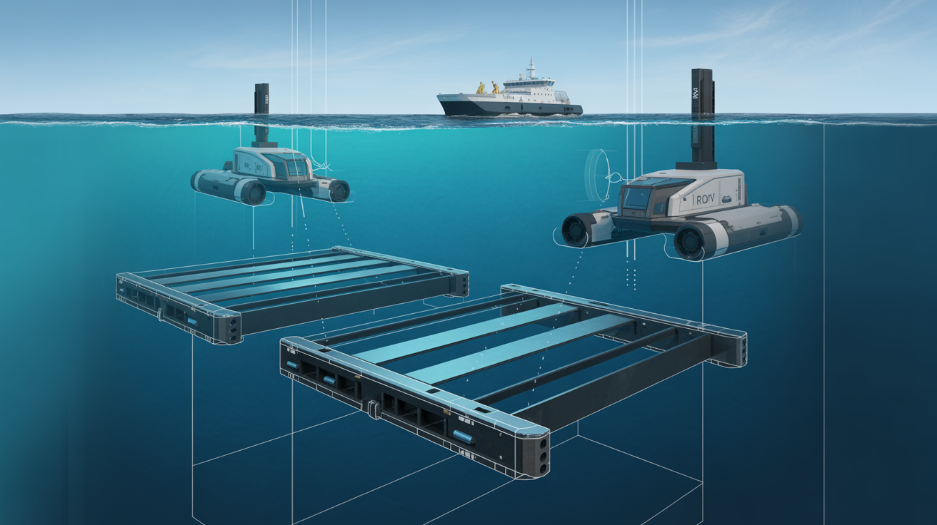 Illustration technique du déploiement sous-marin : ROV et AUV installant des panneaux catalytiques sur le fond marin avec un navire de soutien en surface