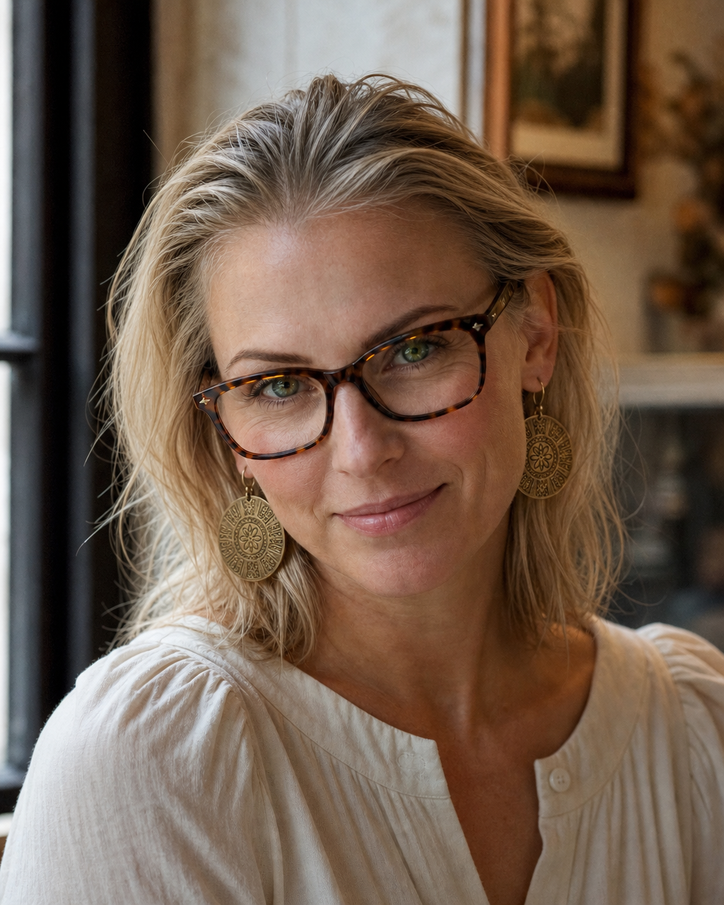 Elizabeth Groch wearing the Accra Disc earrings
