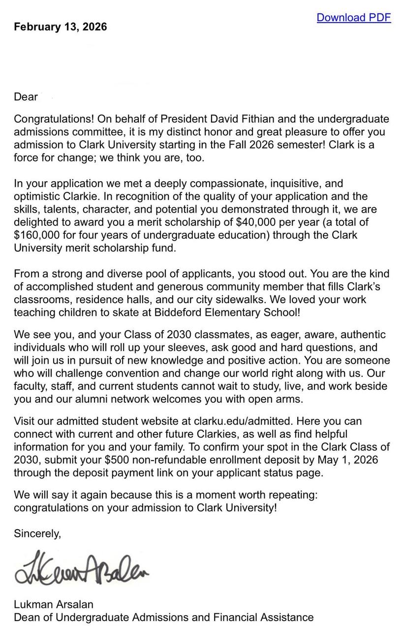 Clark University admission letter