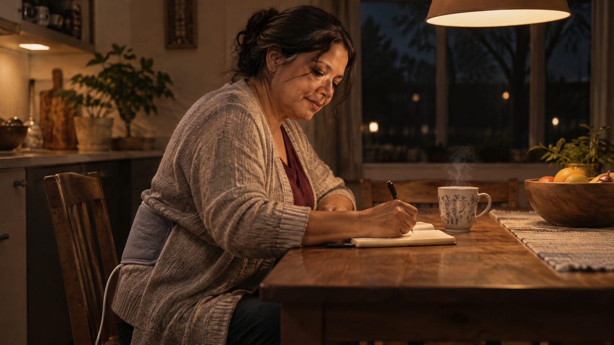 Woman veteran writing in a notebook at her kitchen table in the evening with a mug of tea and a heating pad on her back