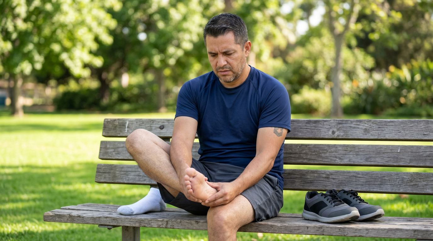 Hispanic male veteran sitting on a park bench holding his bare foot, unable to continue exercising due to plantar fasciitis pain