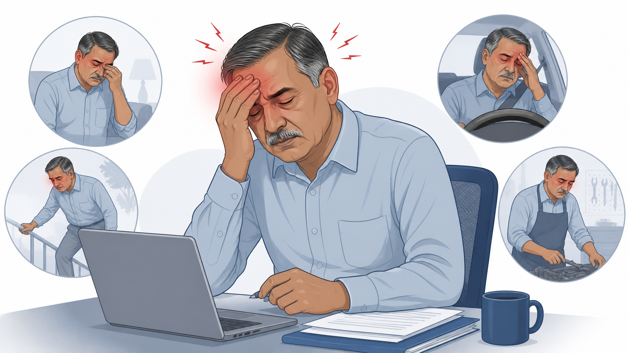 Medical illustration of a fatigued veteran struggling with the occupational and functional impact of a sleep disorder