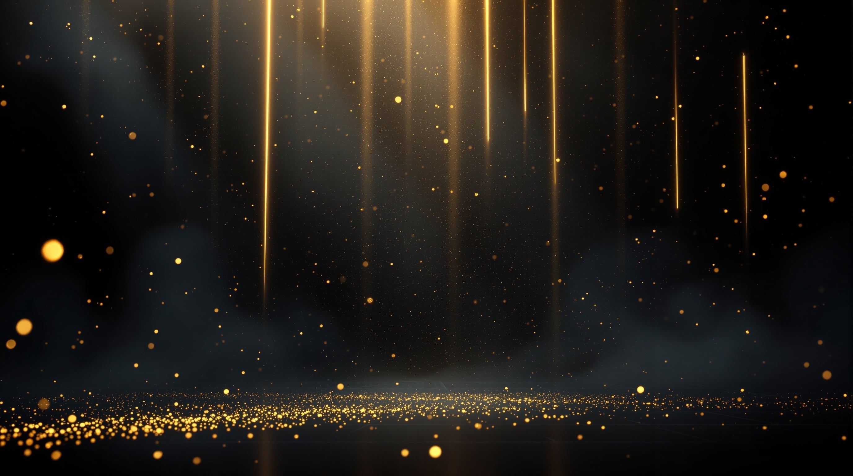 Dark mysterious trading floor with golden light rays and floating particles