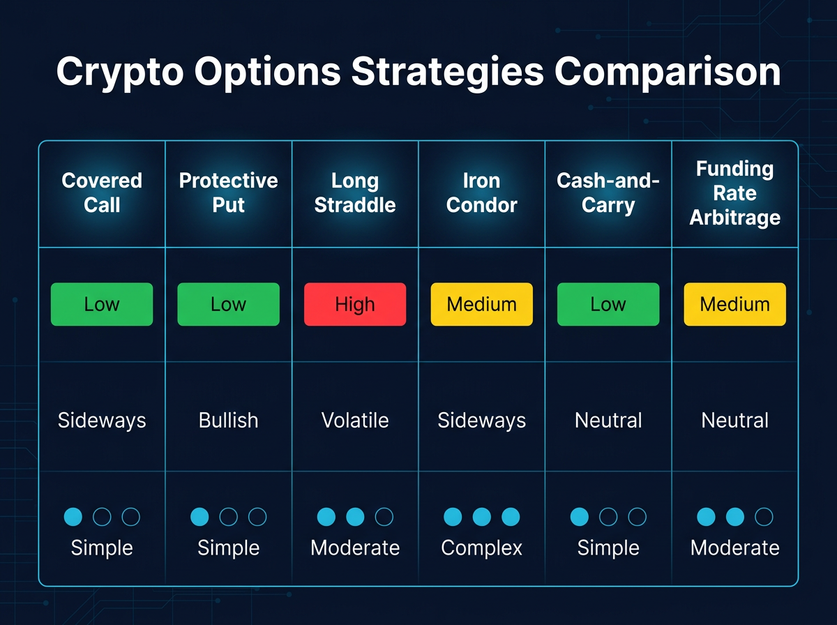 crypto options trading strategies comparison chart showing covered call protective put straddle iron condor risk reward profiles