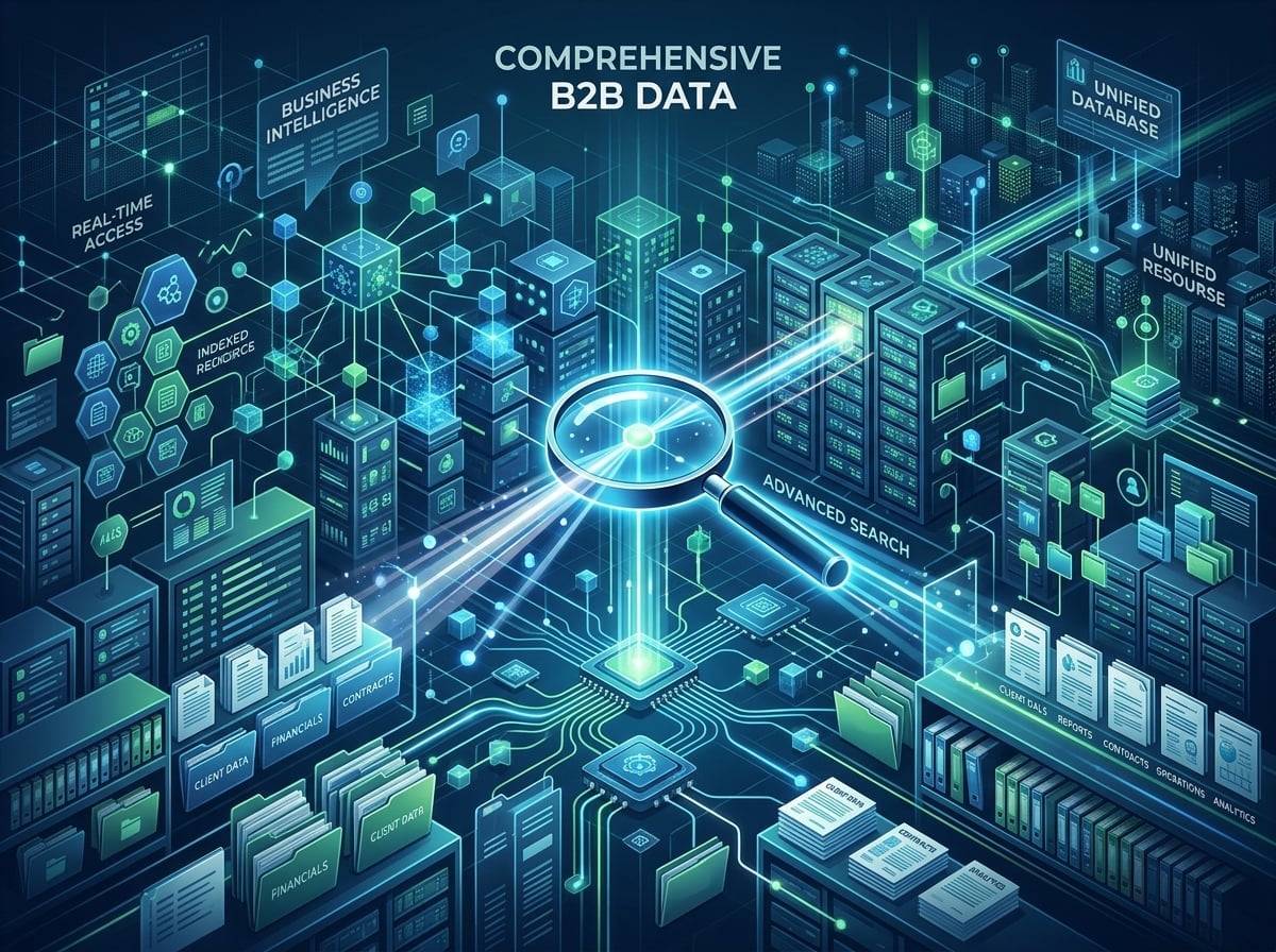 Comprehensive database search system visualization with connected data nodes