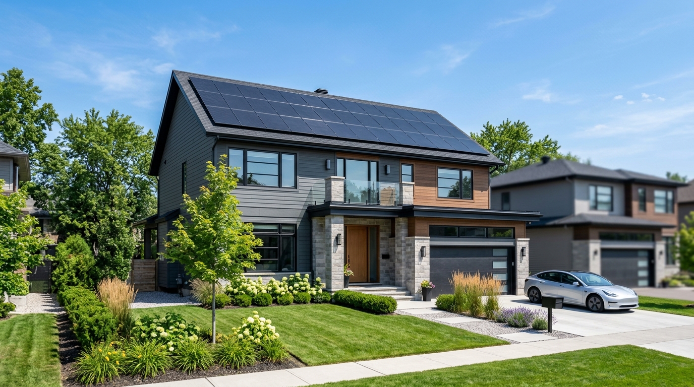 Modern suburban house with rooftop solar panels under a blue sky